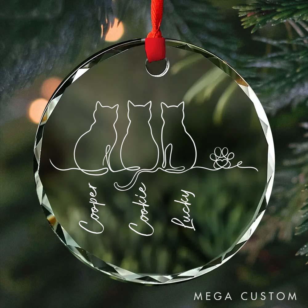 Personalized Cat Lover My Fur Babies One Line Art Glass Christmas Ornament