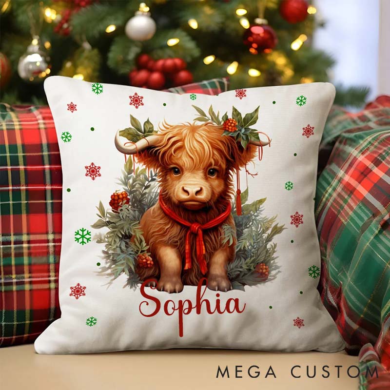 Personalized Pet Lover Santa Hat Highland Cow Throw Pillows