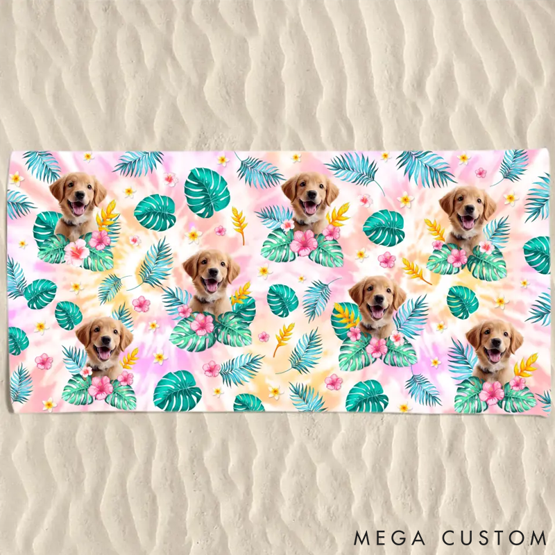 Personalized Pet Lover Custom Photo Happy Tails in Summer Trails Beach Towel