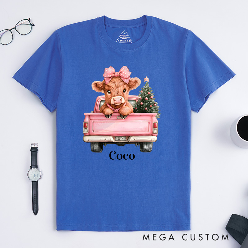 Personalized Pet Lover Pink Christmas Highland Cow T-Shirt