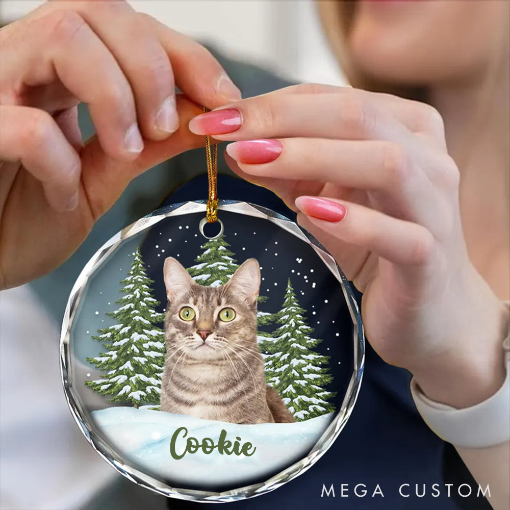 Personalized Pet Lover Custom Photo Pet Face Circle Glass Christmas Ornament