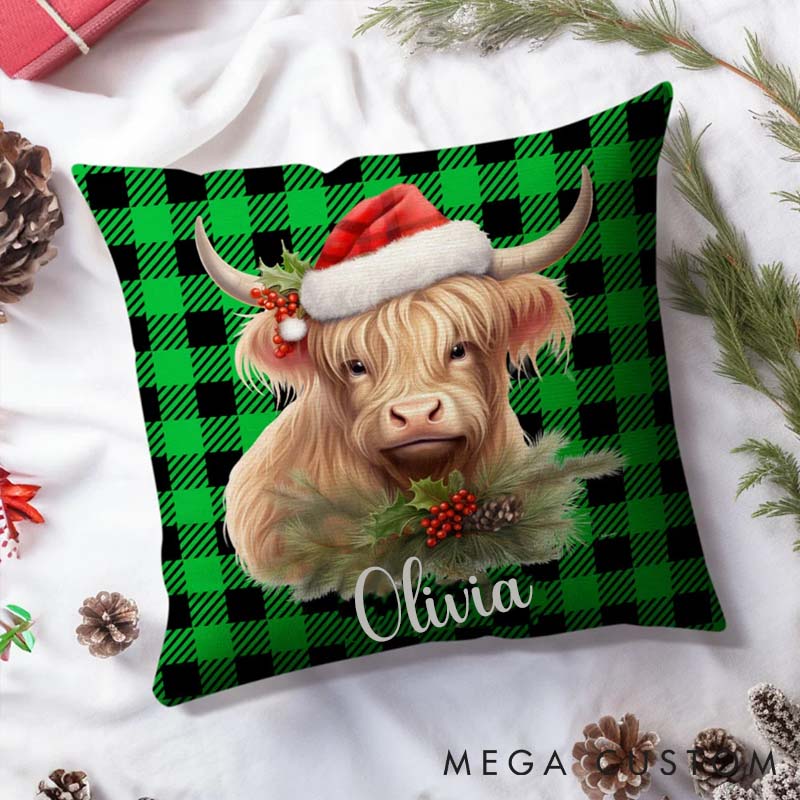 Personalized Pet Lover Santa Hat Highland Cow Throw Pillows