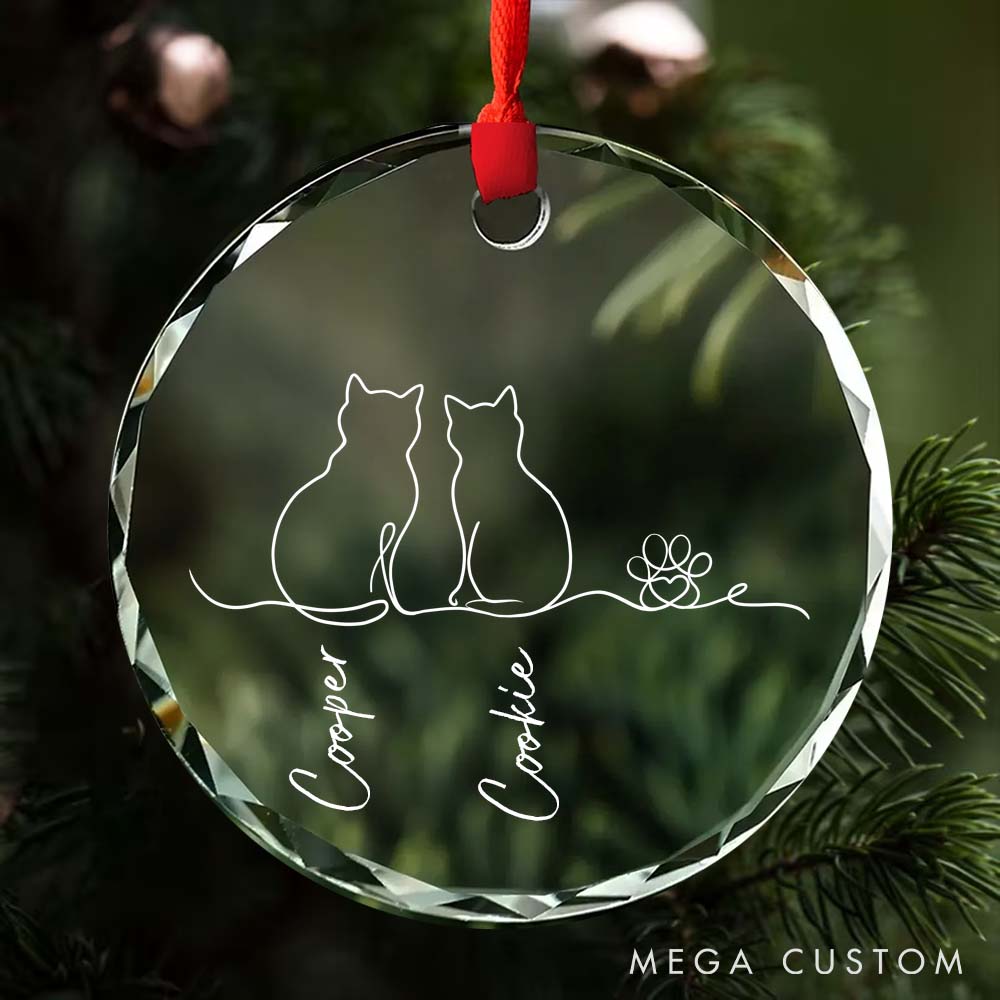 Personalized Cat Lover My Fur Babies One Line Art Glass Christmas Ornament
