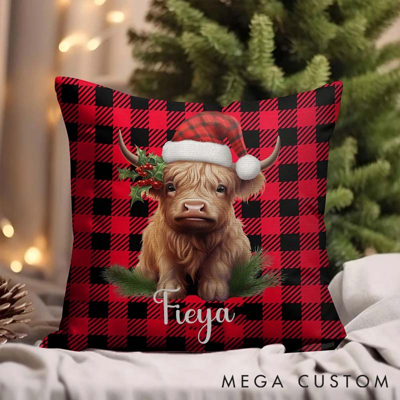 Personalized Pet Lover Santa Hat Highland Cow Throw Pillows