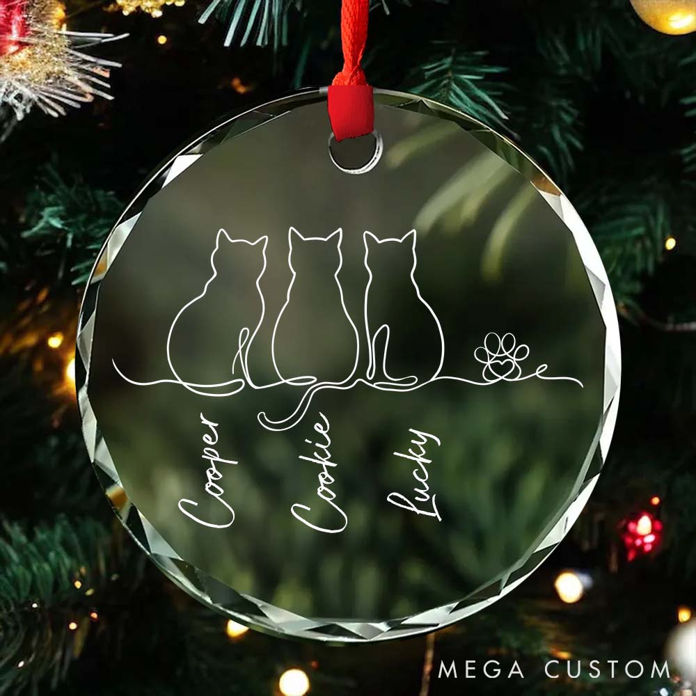 Personalized Cat Lover My Fur Babies One Line Art Glass Christmas Ornament