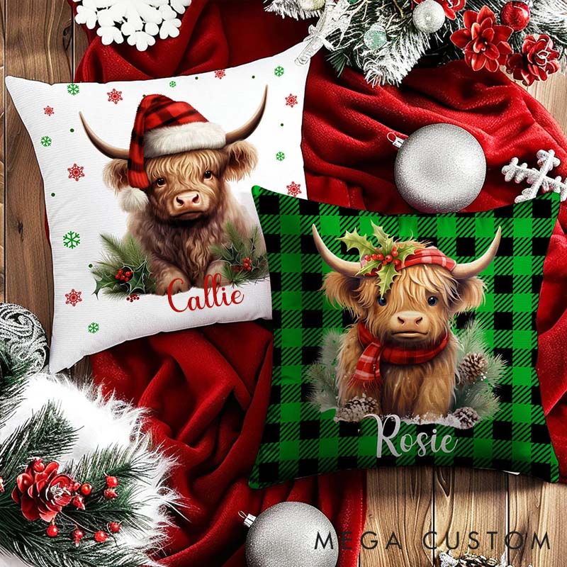 Personalized Pet Lover Santa Hat Highland Cow Throw Pillows