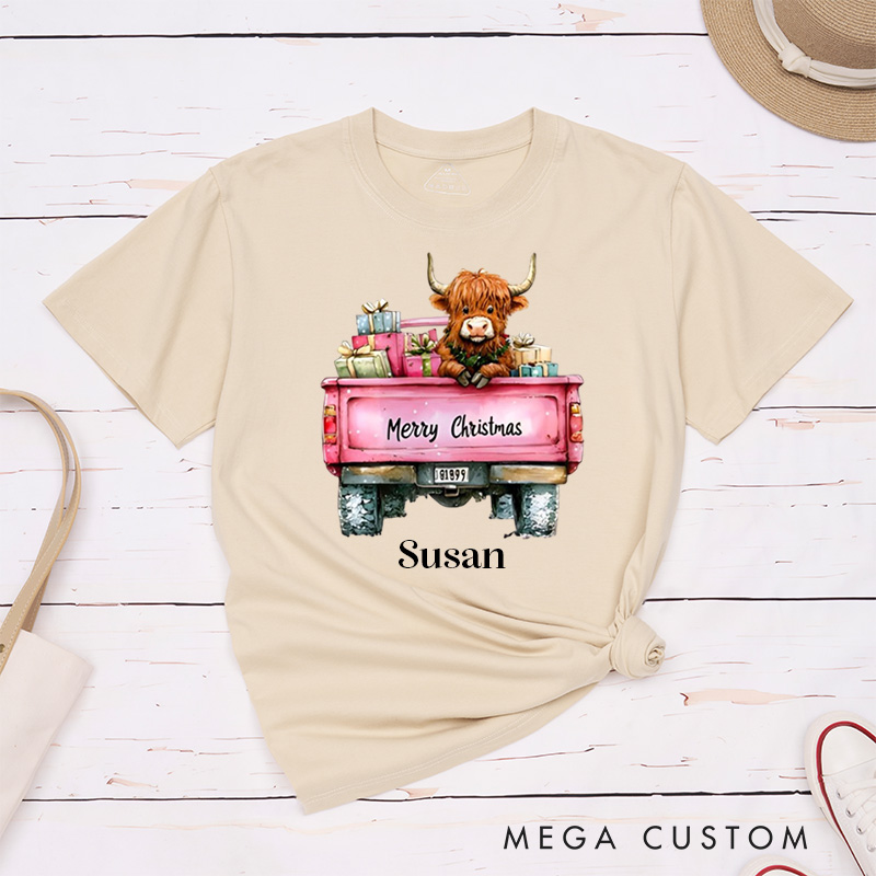 Personalized Pet Lover Pink Christmas Highland Cow T-Shirt