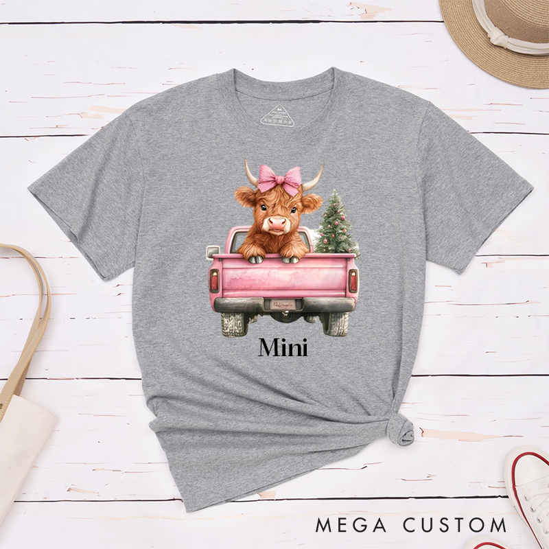 Personalized Pet Lover Pink Christmas Highland Cow T-Shirt