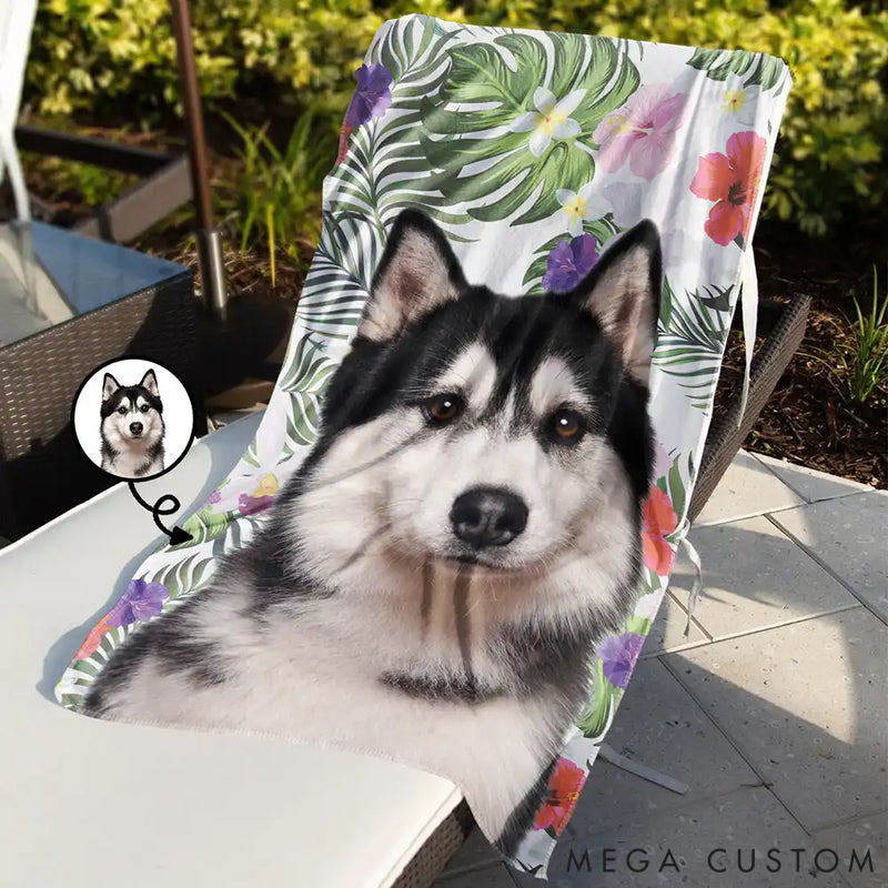 Personalized Pet Lover Custom Photo Tropical Leaves Pet Face Beach Towel