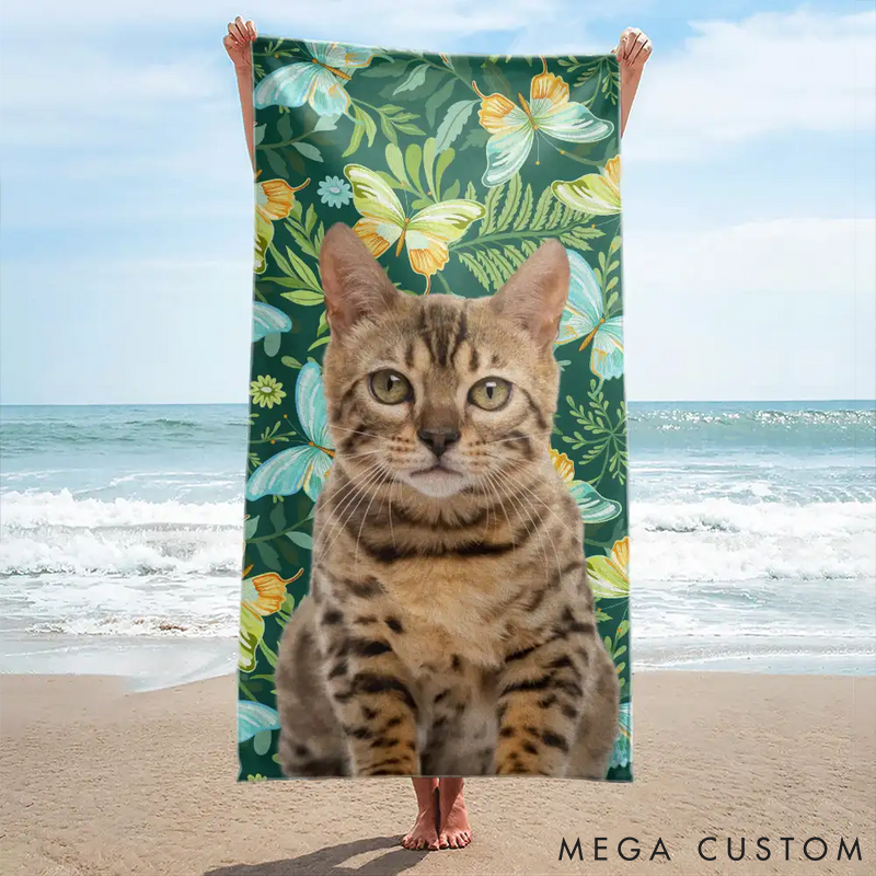 Personalized Pet Lover Custom Photo Tropical Leaves Pet Face Beach Towel