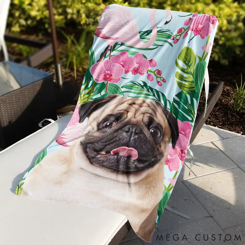 Personalized Pet Lover Custom Photo Tropical Leaves Pet Face Beach Towel