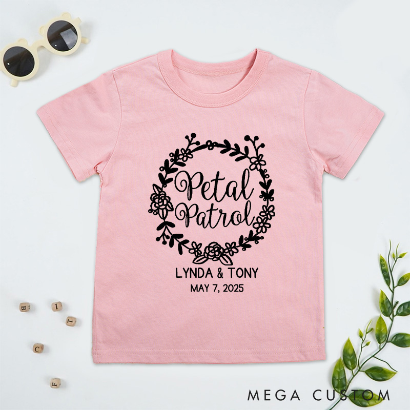 Personalized Elegant Petal Patrol with Floral Wreath Wedding Flower Girl T-Shirt 