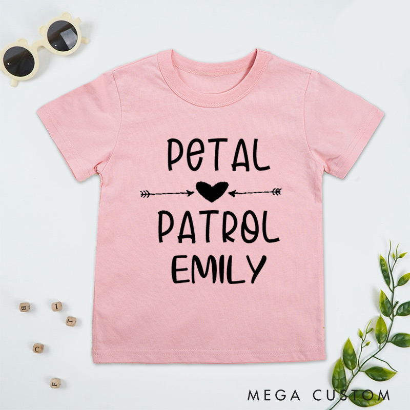 Personalized Playful Petal Patrol with Heart and Arrow Wedding Flower Girl T-Shirt 