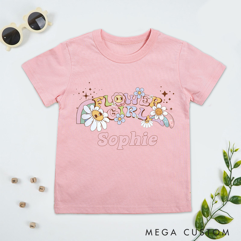 Personalized Whimsical Retro Flower Girl with Daisies and Rainbows Wedding Flower Girl T-Shirt 