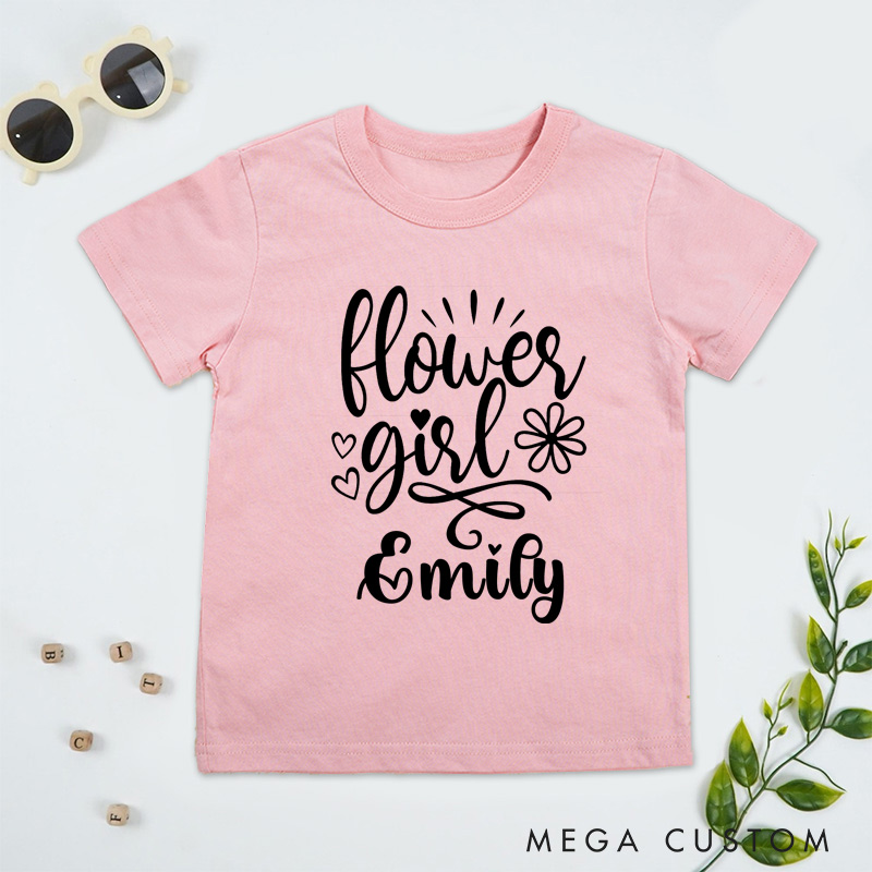 Personalized Elegant Flower Girl with Hearts and Floral Wedding Flower Girl T-Shirt 