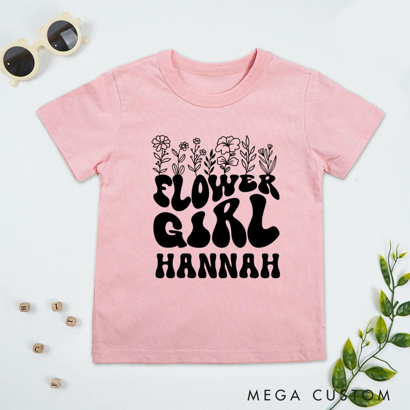 Personalized Boho Groovy Flower Girl with Floral Wedding Flower Girl T-Shirt 