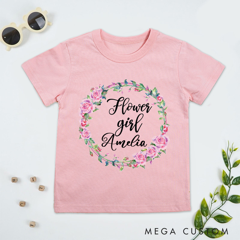 Personalized Flower Girl with Watercolor Rose Wreath Wedding Flower Girl T-Shirt 