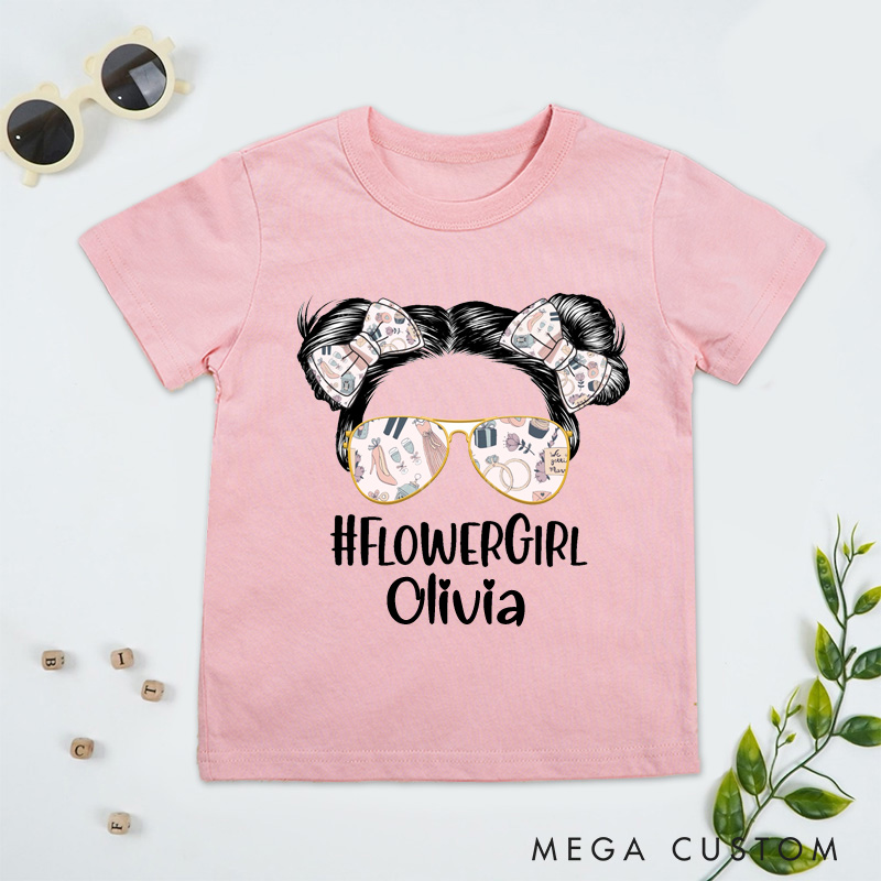 Personalized Trendy Flower Girl with Sunglasses and Bows Wedding Flower Girl T-Shirt 