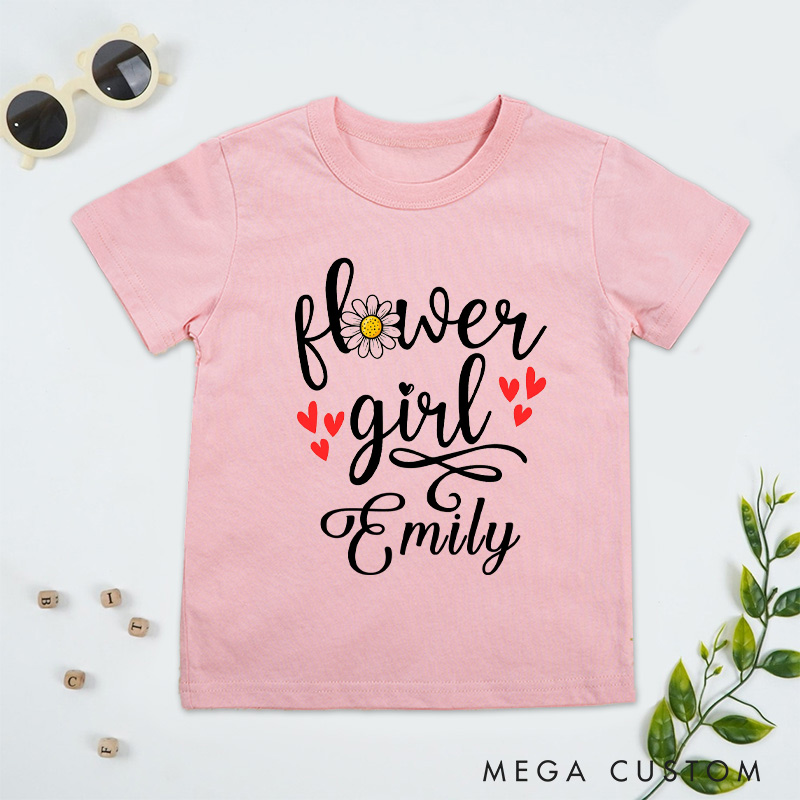 Personalized Sweet Flower Girl with Daisy and Hearts Wedding Flower Girl T-Shirt 