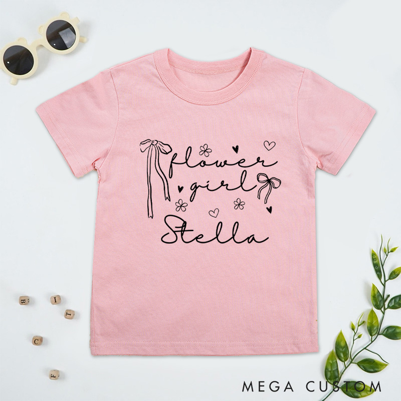 Personalized Delicate Flower Girl with Bows and Hearts Wedding Flower Girl T-Shirt 