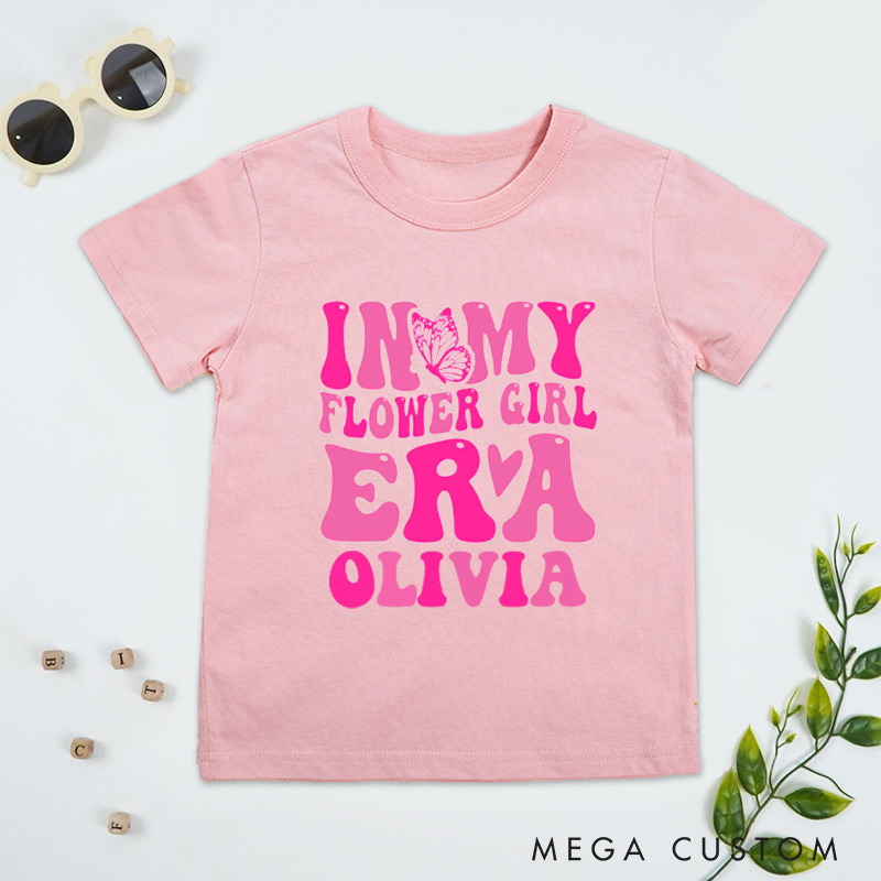 Personalized Retro Pink In My Flower Girl Era with Butterfly Wedding Flower Girl T-Shirt 
