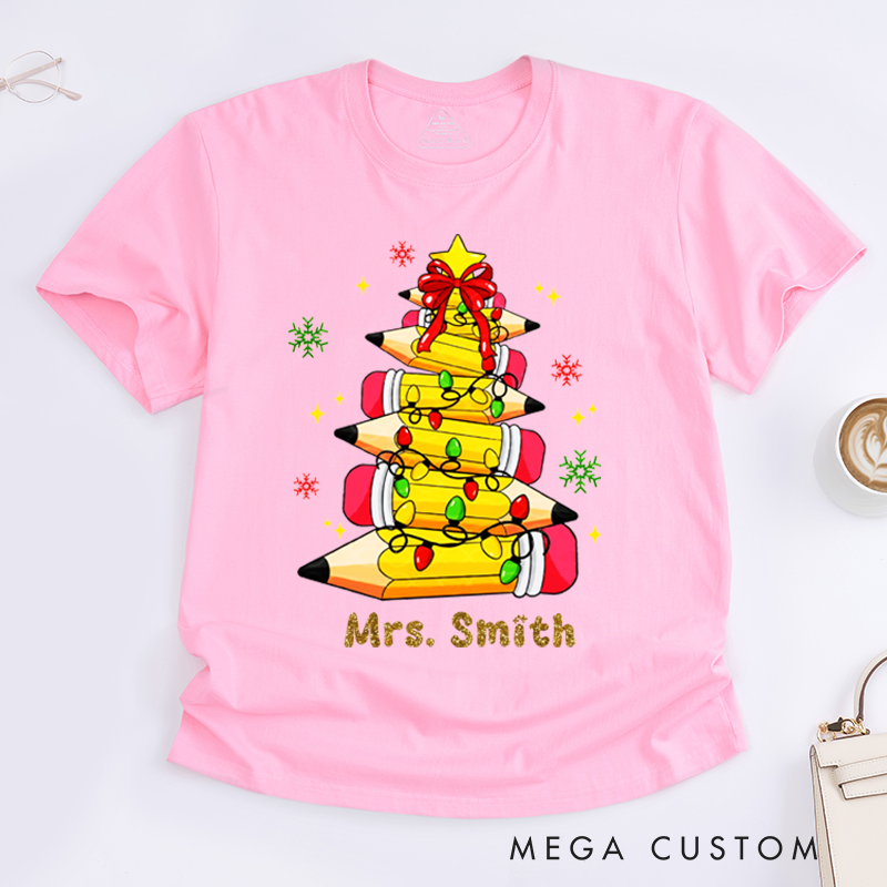 Personalized Teacher Christmas T-Shirts Cute Pencil Light Star Snowflake Design Shirt Christmas Gift for Teachers