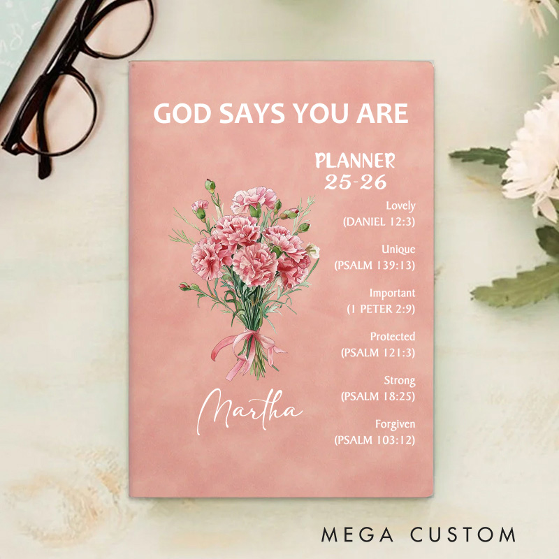 Personalized Flower Bouquet Bible Verse Planner 25-26 Leather A5 Notebook with Name Weekly Monthly Planning Birthday Religious Gift for Family Friends