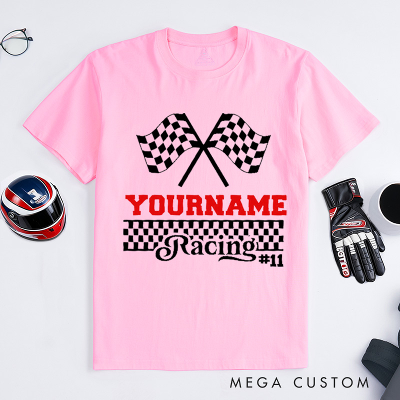 Personalized Racing Checkered Flag T-Shirt Custom Name and Number Race Team Tee Gift for Racers and Racing Lovers