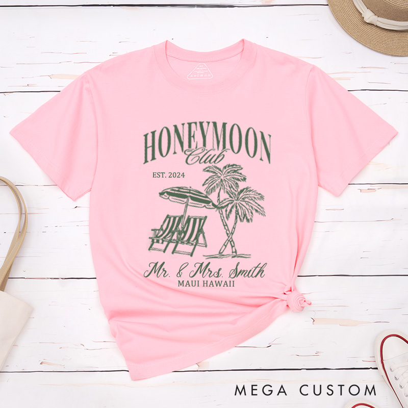 Personalized Classic Tropical Honeymoon Club with Beach Scene Matching Honeymoon Couple Classic T-Shirt