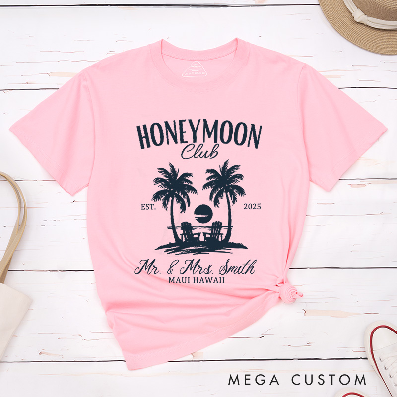 Personalized Vintage Tropical Honeymoon Club with Sunset Matching Honeymoon Couple Classic T-Shirt