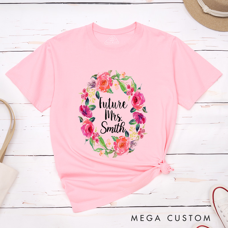 Personalized Romantic Watercolor Floral Wreath Future Mrs Fiancee Engagement Fiancée Classic T-Shirt
