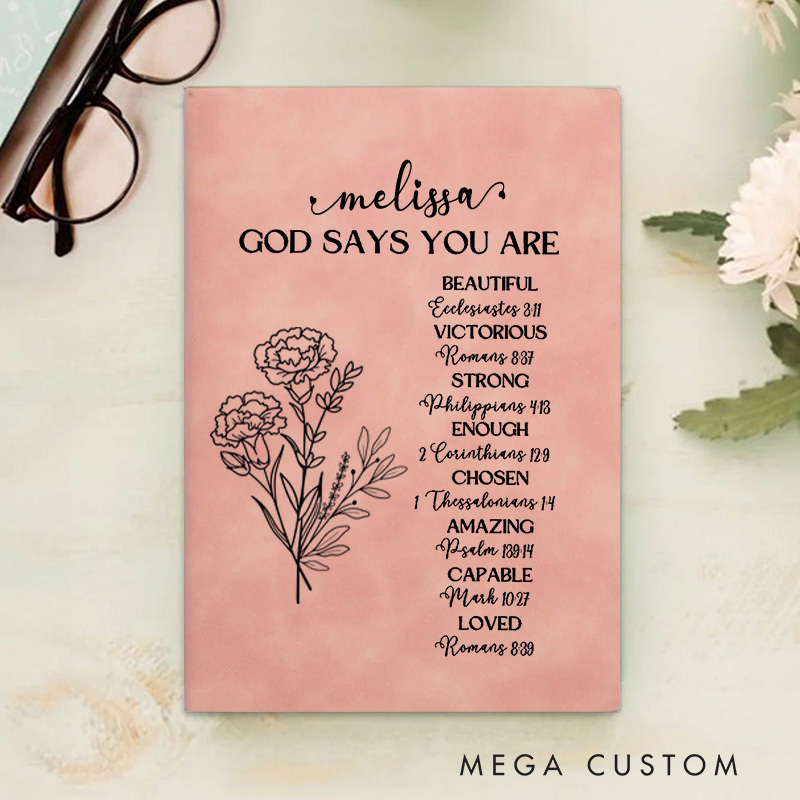 Personalized God Says You are Inspiration A5 Leather Prayer Journal Notebook with Birth Flower and Name Christian Gift Baptism Birthday Gift for Women