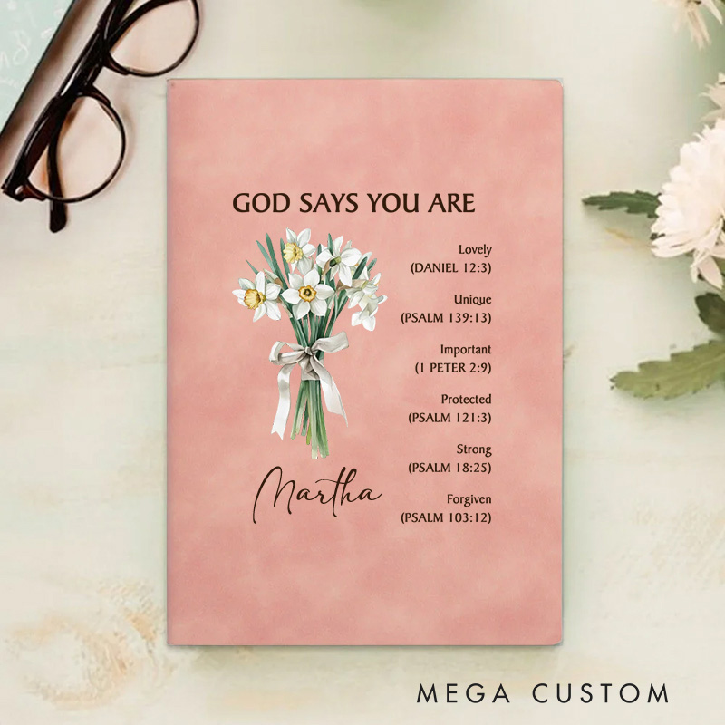 Personalized God Says You are Lovely A5 Leather Prayer Journal Notebook with Birth Flower Bouquet and Name Baptism Birthday Gift for Christians Women