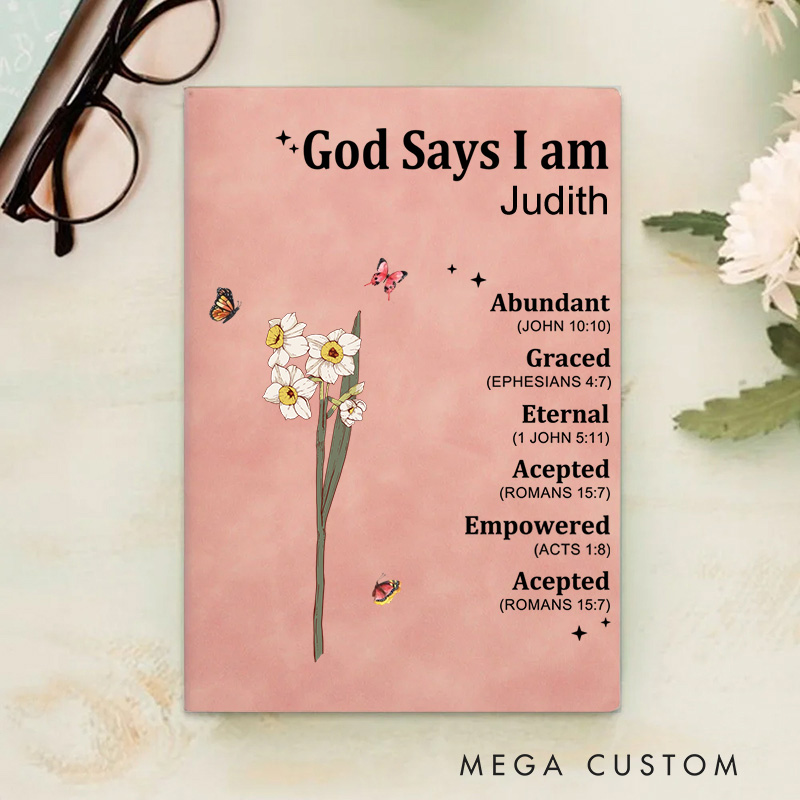 Personalized God Says I am Name Meaning on Bible Verse Leather Prayer Journal Notebook with Name Baptism Gift Thanksgiving Gift for Family Christians