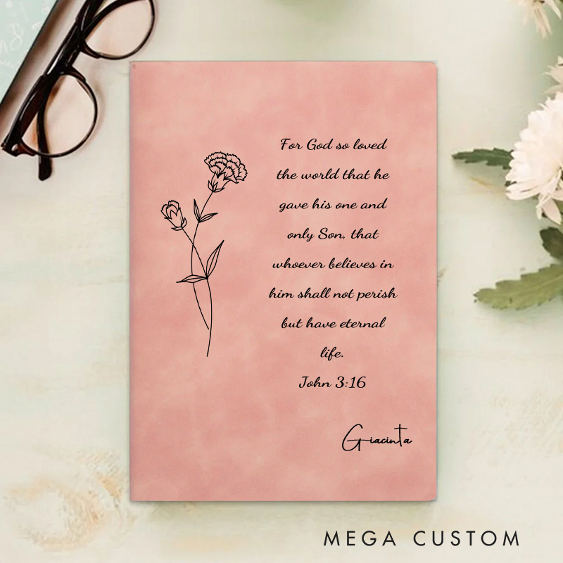 Personalized Birth Flower Bible Verse Prayer Journal Leather A5 Notebook with Name Church Study Birthday Baptism Religious Day Gift for Christians