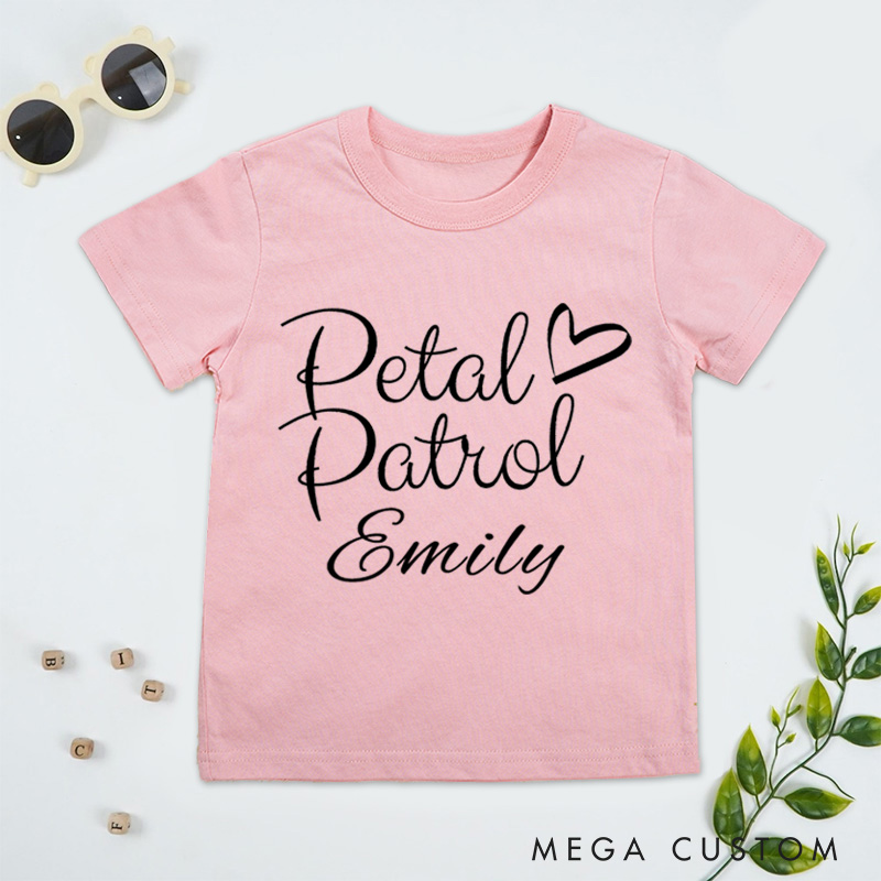 Personalized Chic Handwritten Petal Patrol with Heart Wedding Flower Girl T-Shirt 