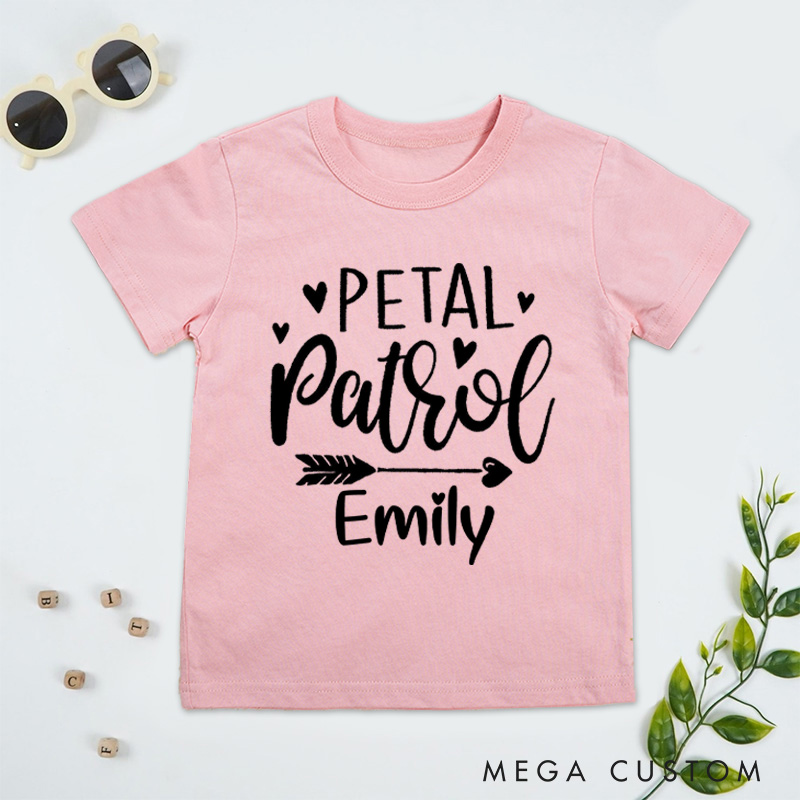 Personalized Whimsical Handwritten Petal Patrol with Heart and Arrow Wedding Flower Girl T-Shirt 