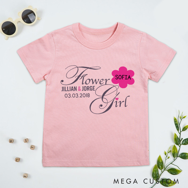 Personalized Elegant Script Flower Girl with Floral Name Wedding Flower Girl T-Shirt 