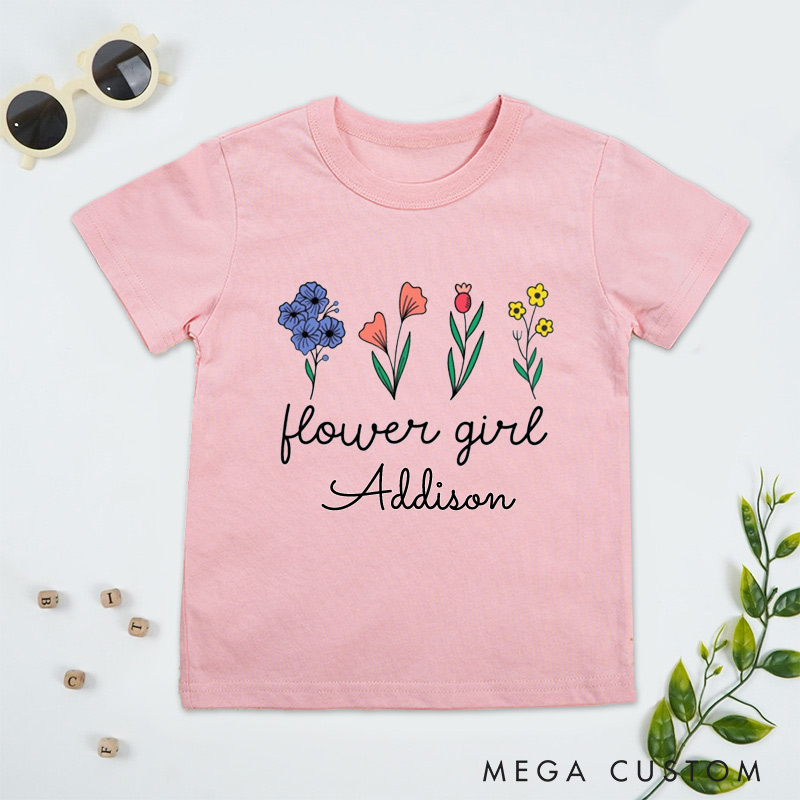 Personalized Whimsical Flower Girl Design with Hand-Drawn Flowers Wedding Flower Girl T-Shirt 