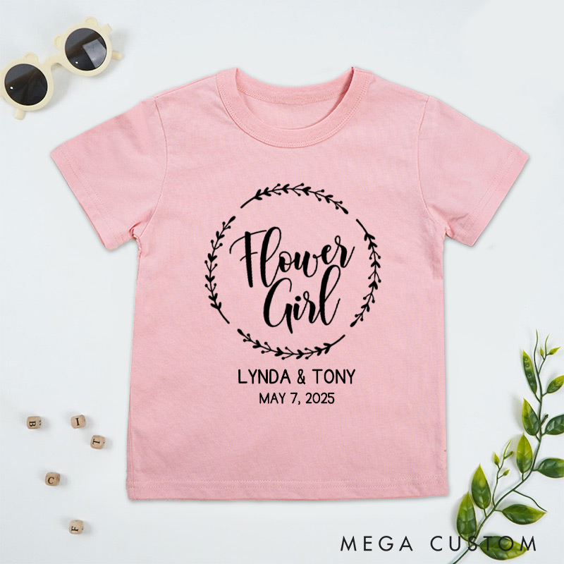 Personalized Elegant Flower Girl Design with Laurel Wreath Wedding Flower Girl T-Shirt 