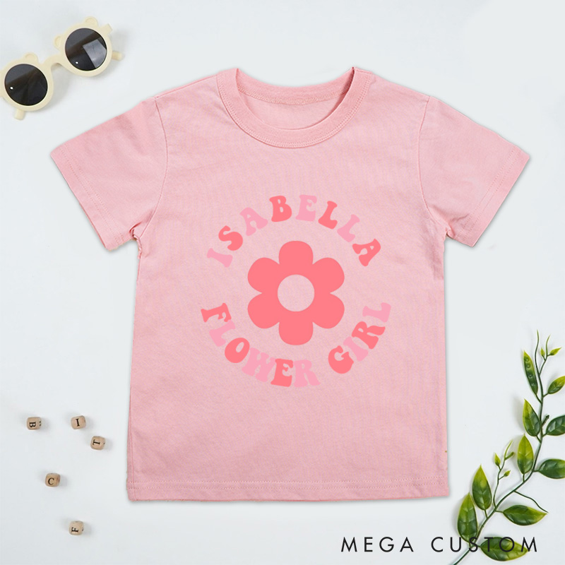 Personalized Retro-Inspired Flower Girl with Name Wedding Flower Girl T-Shirt 