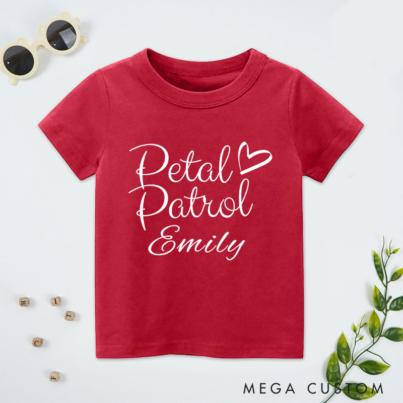 Personalized Chic Handwritten Petal Patrol with Heart Wedding Flower Girl T-Shirt 