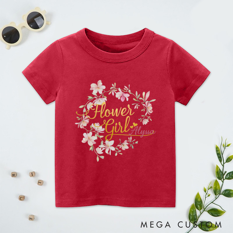 Personalized Watercolor Whimsical Floral Wreath Wedding Flower Girl T-Shirt 