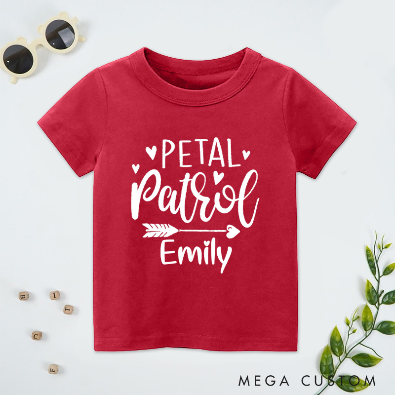 Personalized Whimsical Handwritten Petal Patrol with Heart and Arrow Wedding Flower Girl T-Shirt 