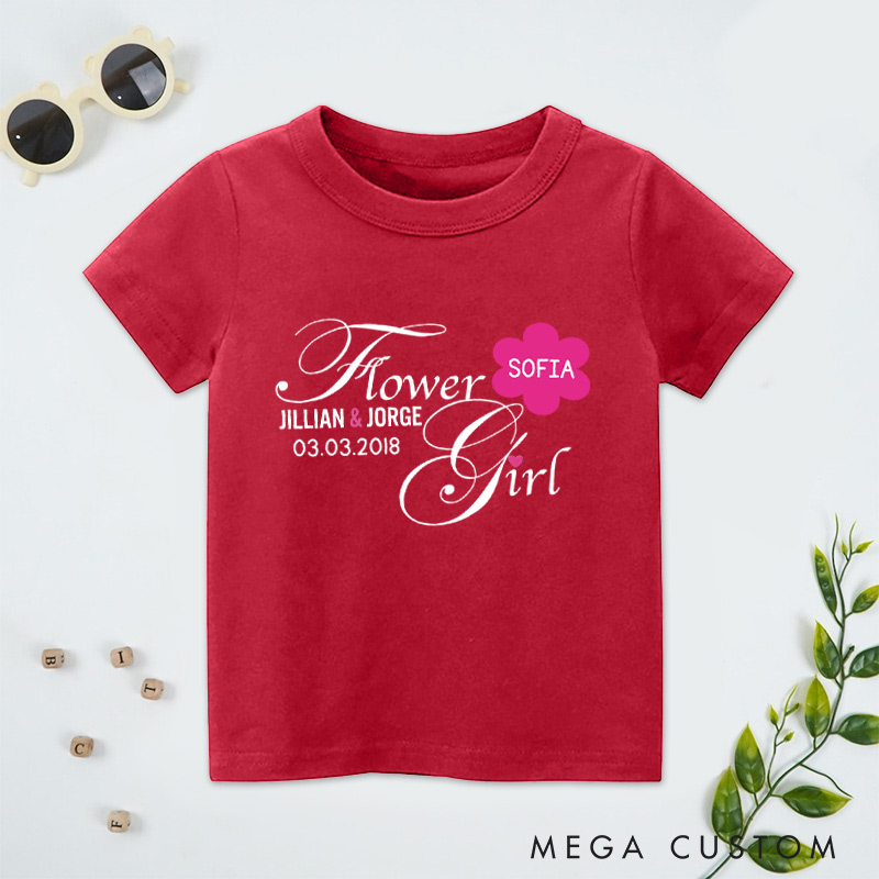 Personalized Elegant Script Flower Girl with Floral Name Wedding Flower Girl T-Shirt 
