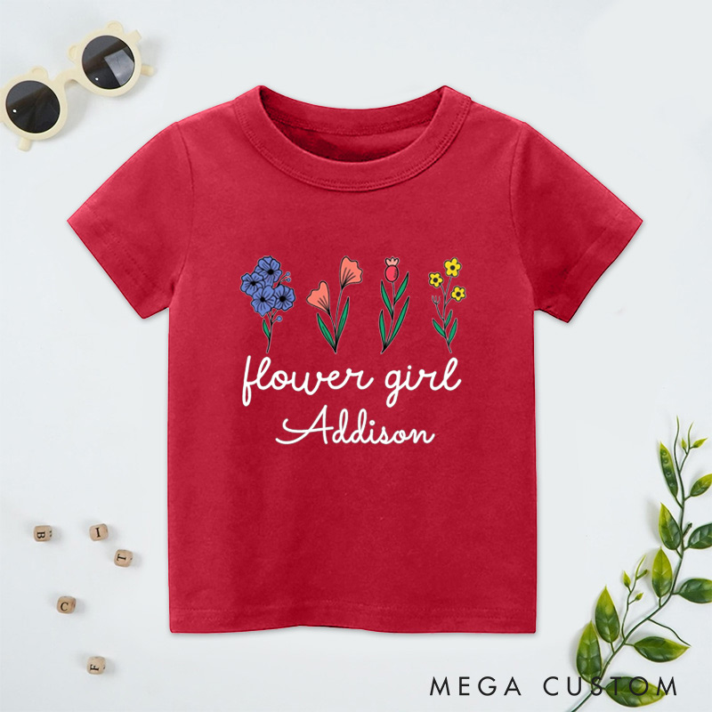 Personalized Whimsical Flower Girl Design with Hand-Drawn Flowers Wedding Flower Girl T-Shirt 