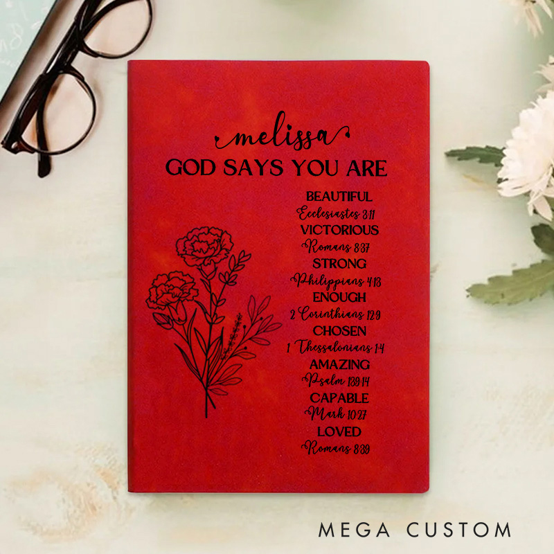 Personalized God Says You are Inspiration A5 Leather Prayer Journal Notebook with Birth Flower and Name Christian Gift Baptism Birthday Gift for Women