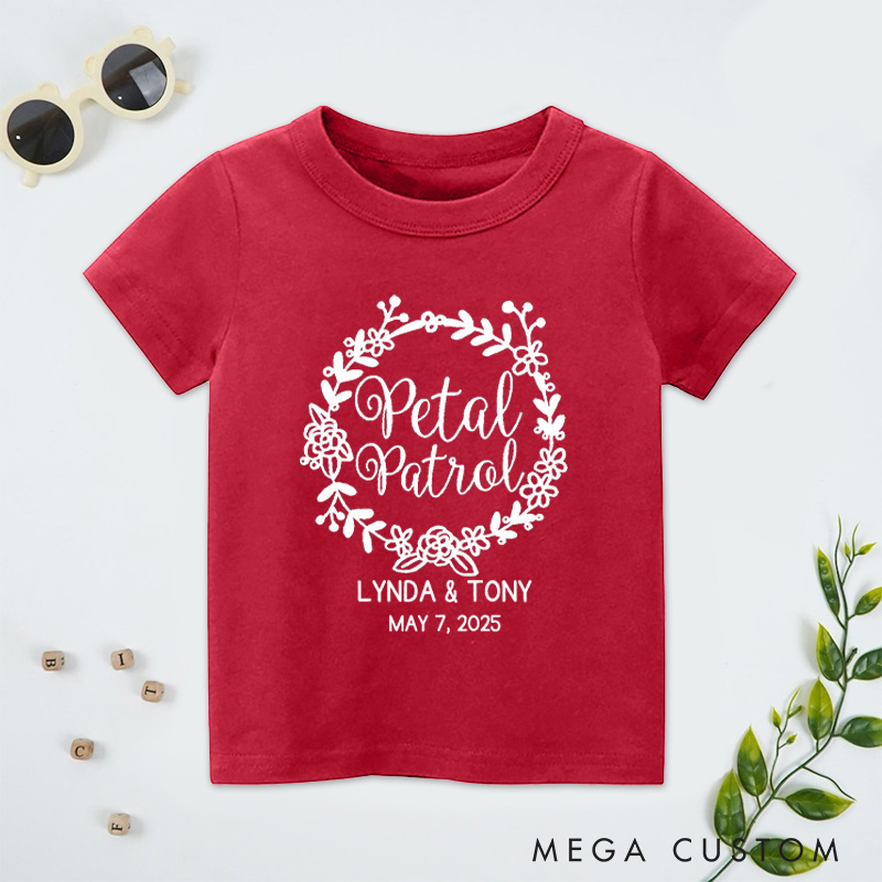 Personalized Elegant Petal Patrol with Floral Wreath Wedding Flower Girl T-Shirt 