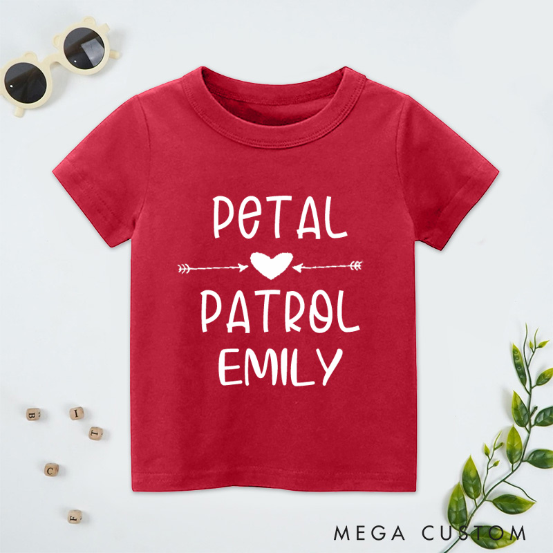 Personalized Playful Petal Patrol with Heart and Arrow Wedding Flower Girl T-Shirt 
