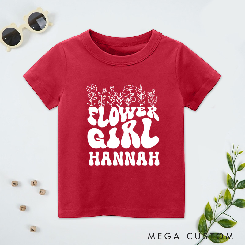 Personalized Boho Groovy Flower Girl with Floral Wedding Flower Girl T-Shirt 